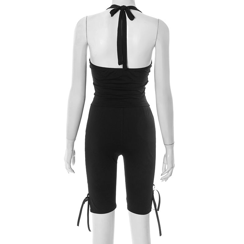 Halter Tank And Ruched Biker Short Set - Black - 2