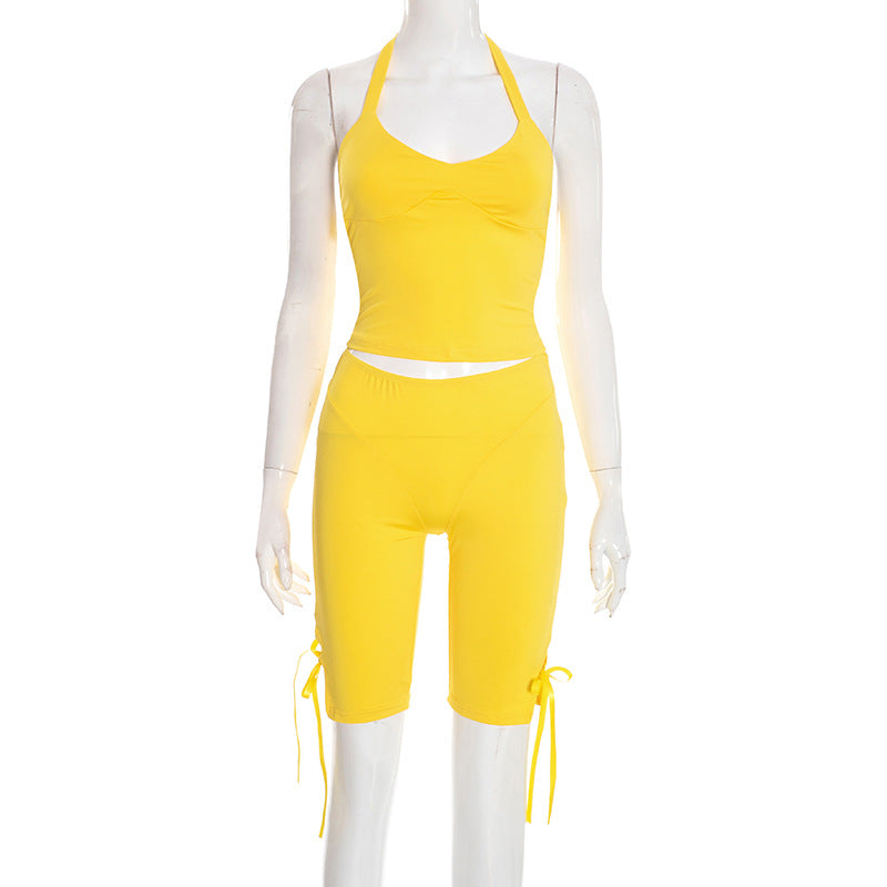Halter Tank And Ruched Biker Short Set - Yellow