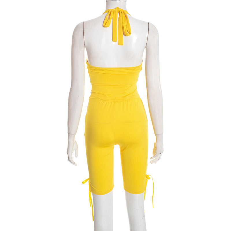 Halter Tank And Ruched Biker Short Set - Yellow - 1