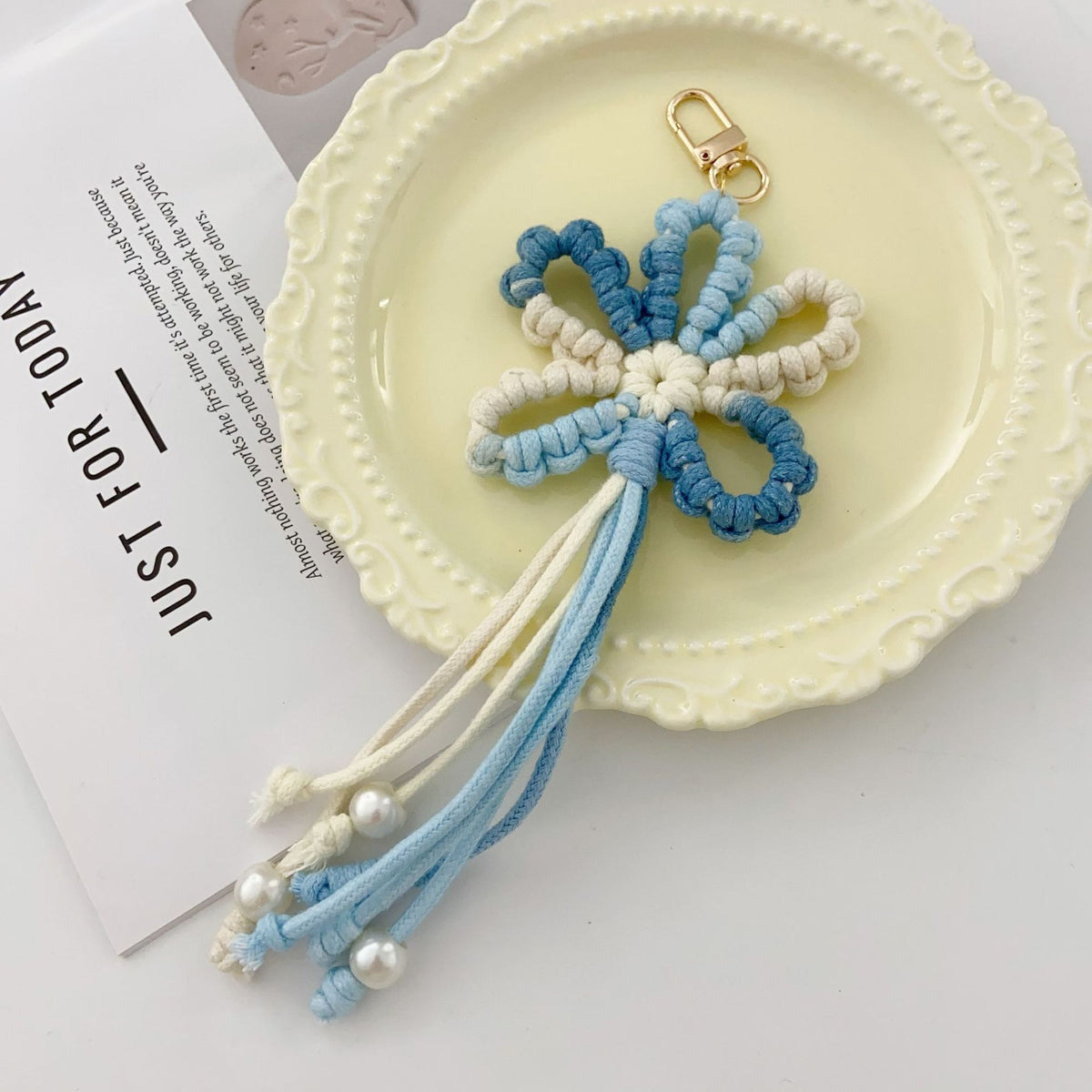 Macrame Flower Beaded Tassel Bag Charm - Blue