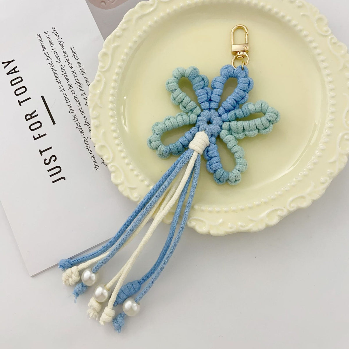 Macrame Flower Beaded Tassel Bag Charm - Blue-Green