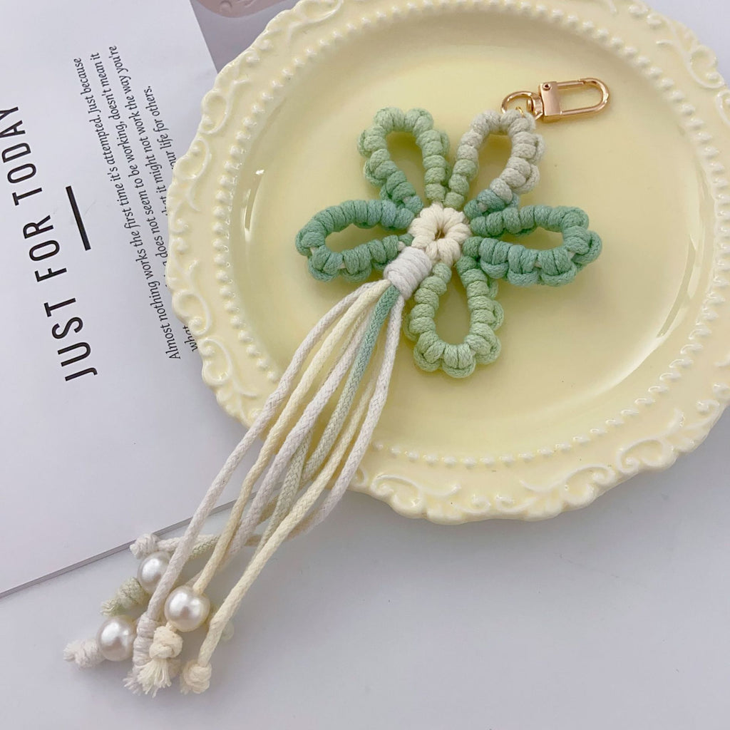 Macrame Flower Beaded Tassel Bag Charm - Green