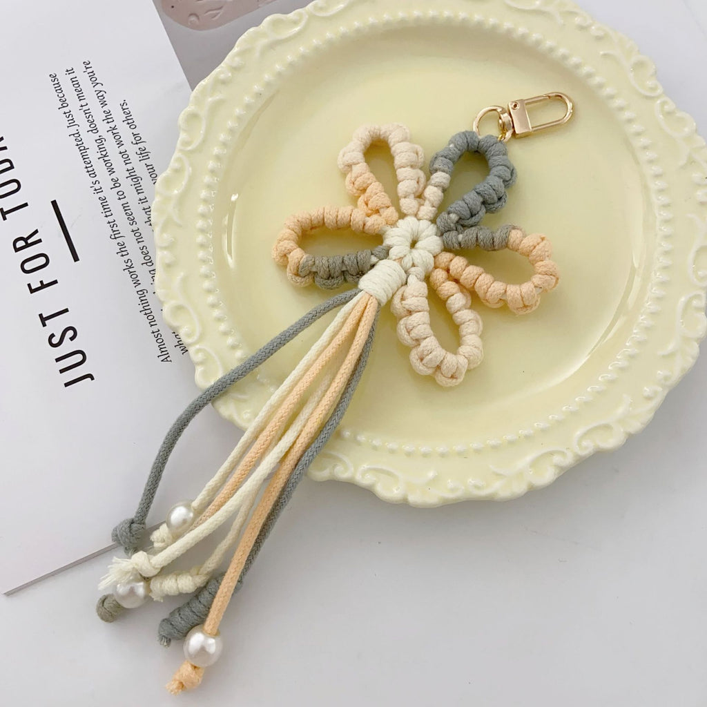 Macrame Flower Beaded Tassel Bag Charm - Orange