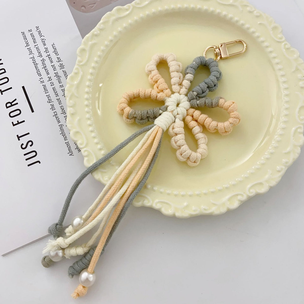 Macrame Flower Beaded Tassel Bag Charm - Orange