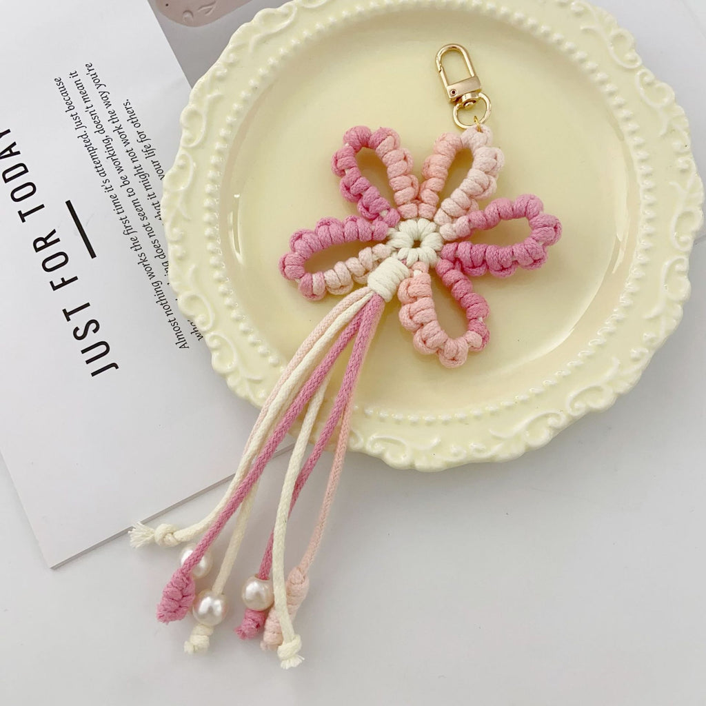 Macrame Flower Beaded Tassel Bag Charm - Pink