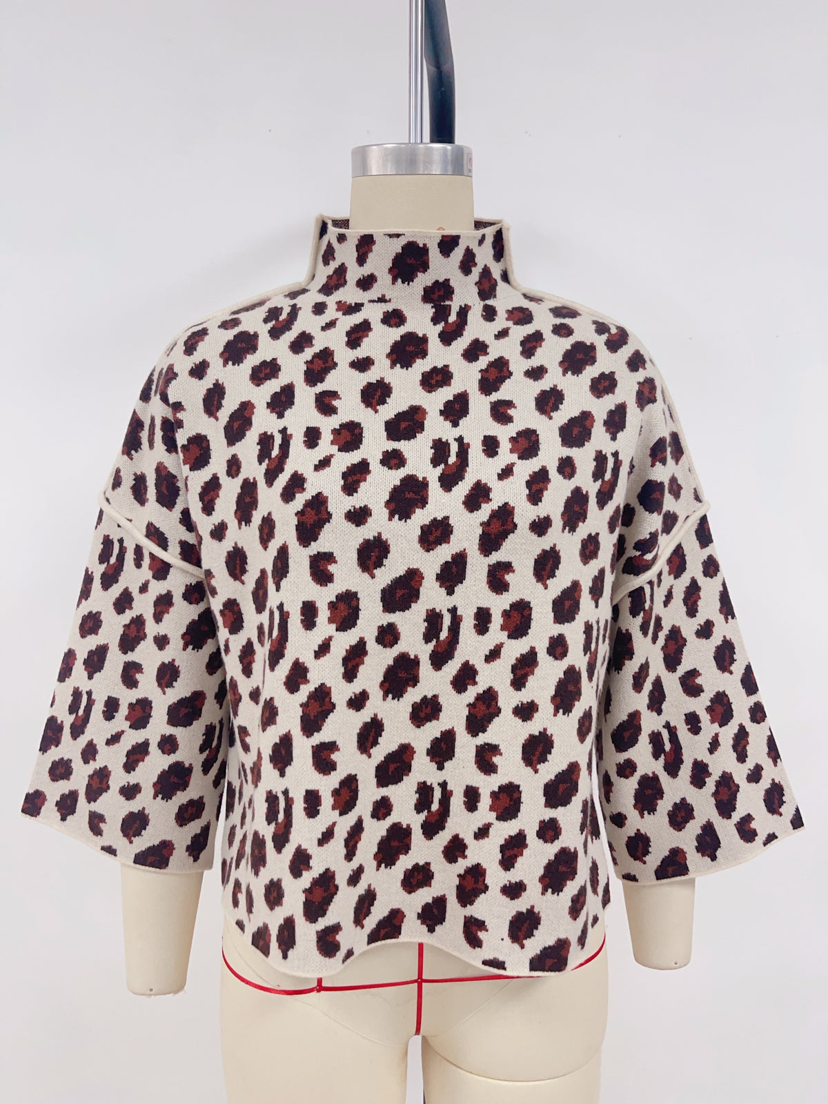 Leopard Print Mock Neck Flare Sleeve Sweater - Apricot