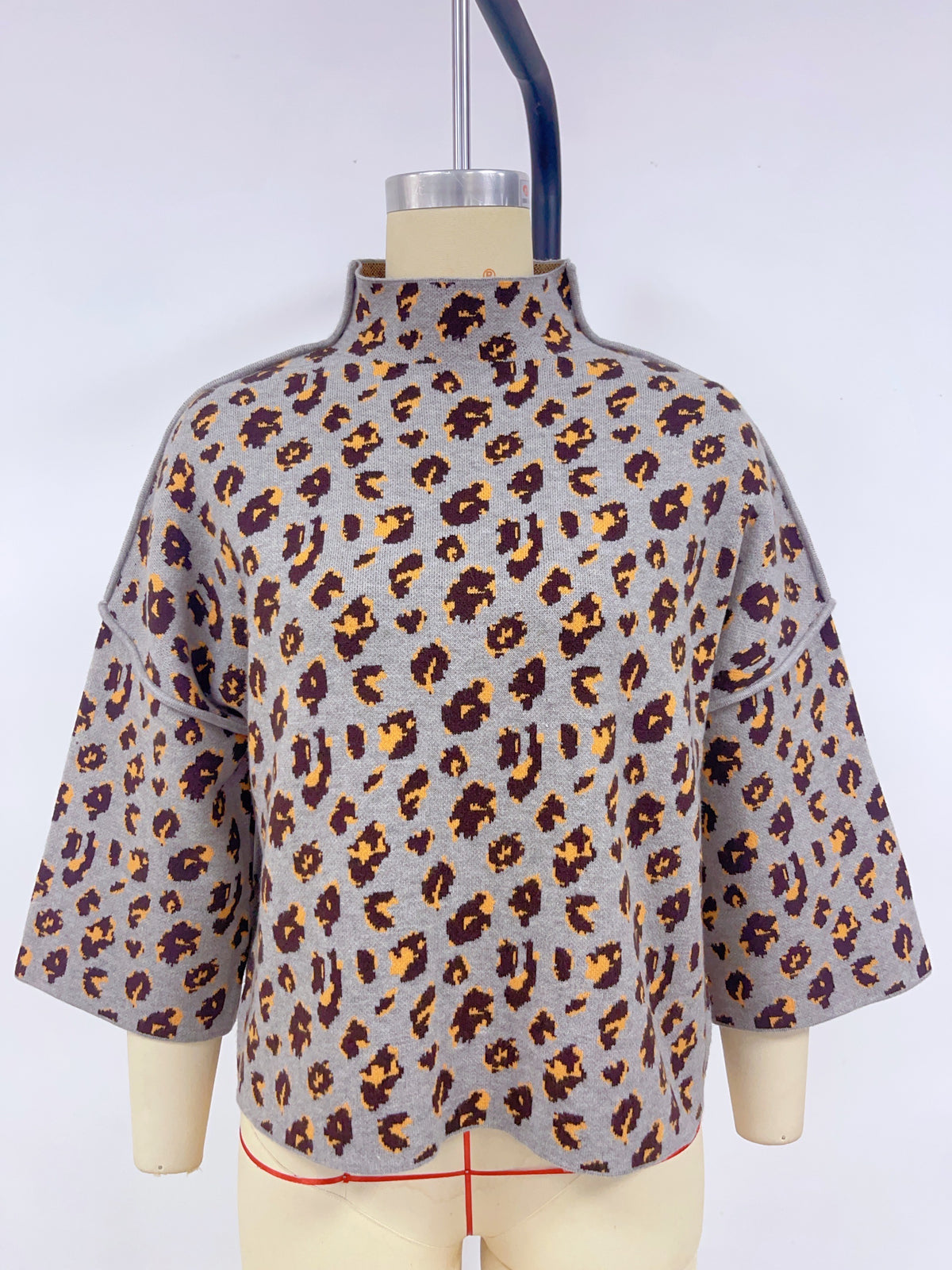 Leopard Print Mock Neck Flare Sleeve Sweater - Grey - 1
