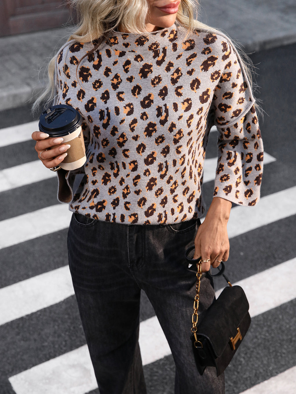 Leopard Print Mock Neck Flare Sleeve Sweater - Grey - 2