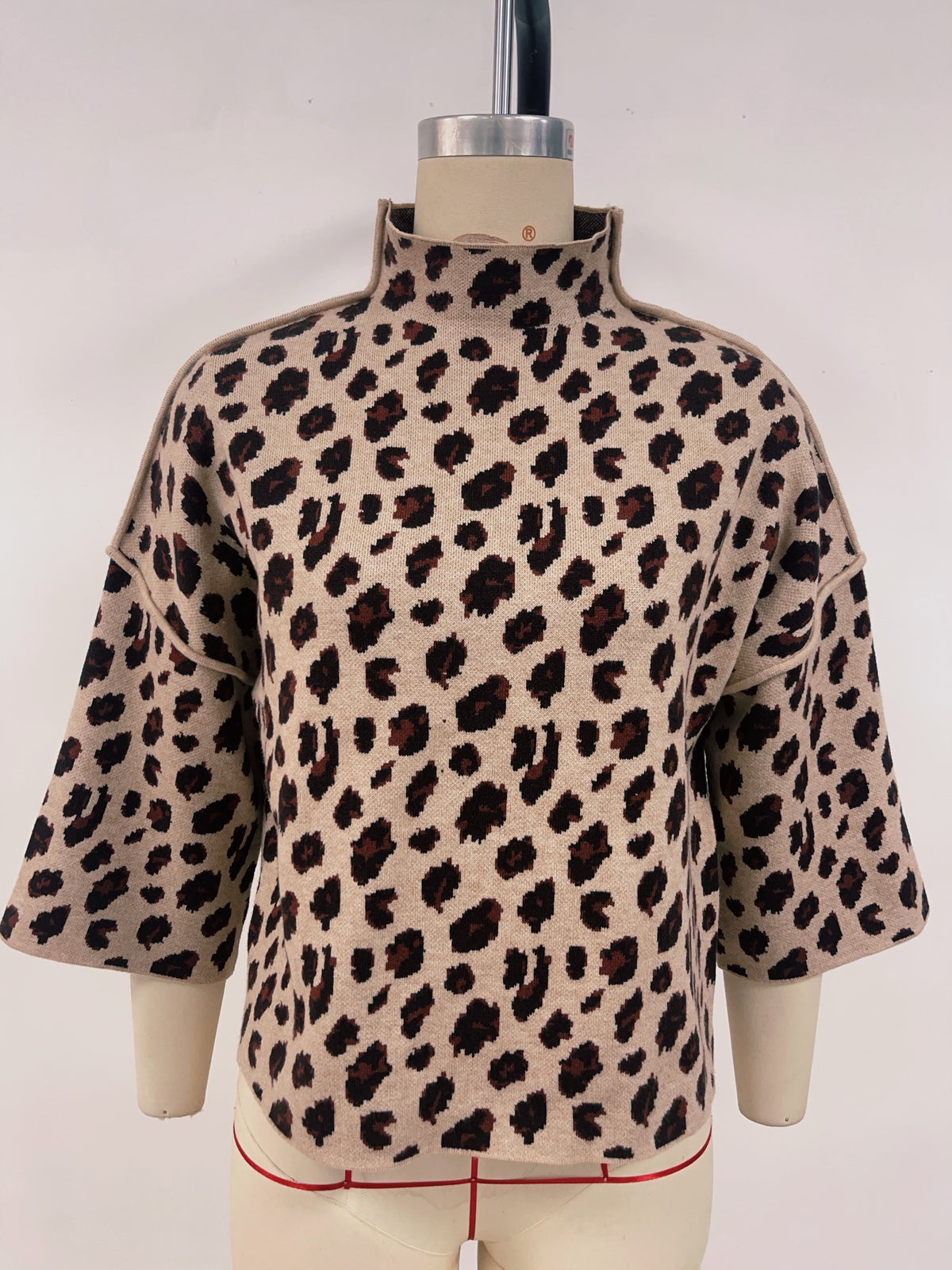 Leopard Print Mock Neck Flare Sleeve Sweater - Khaki
