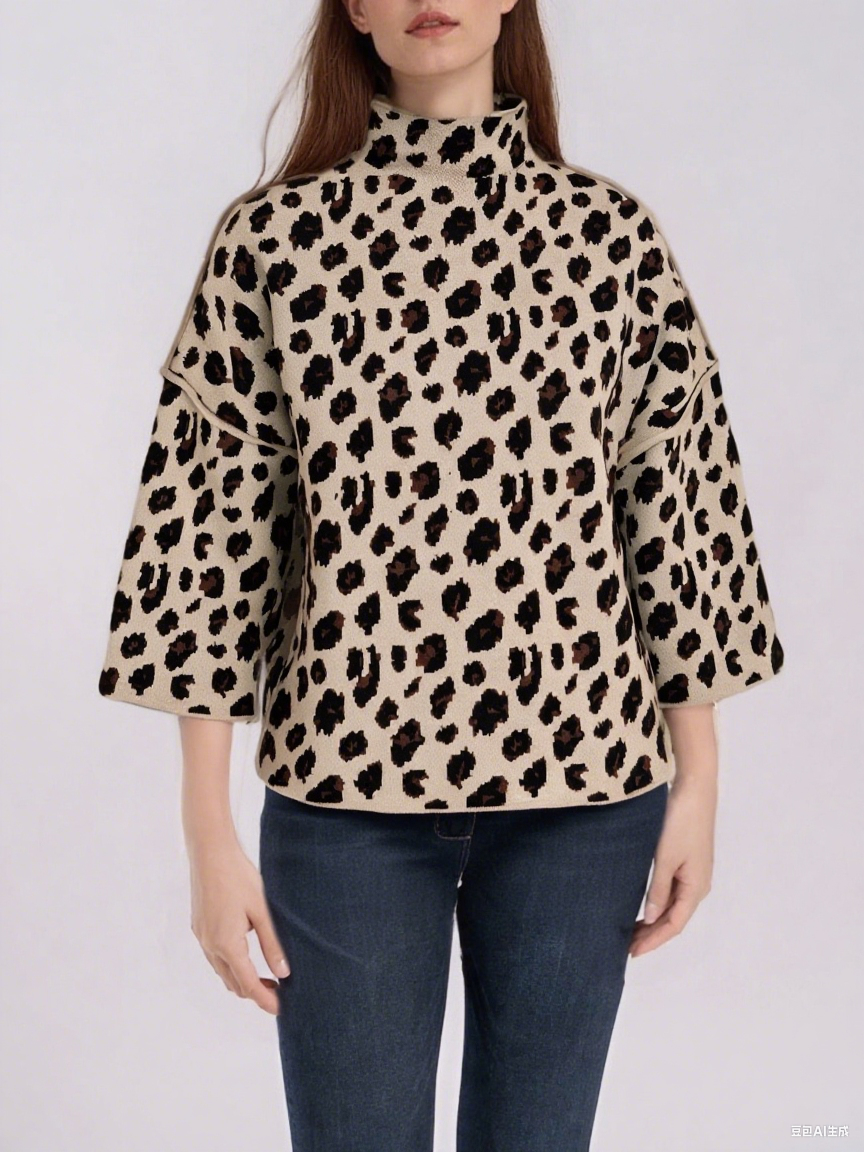 Leopard Print Mock Neck Flare Sleeve Sweater - Khaki - 1
