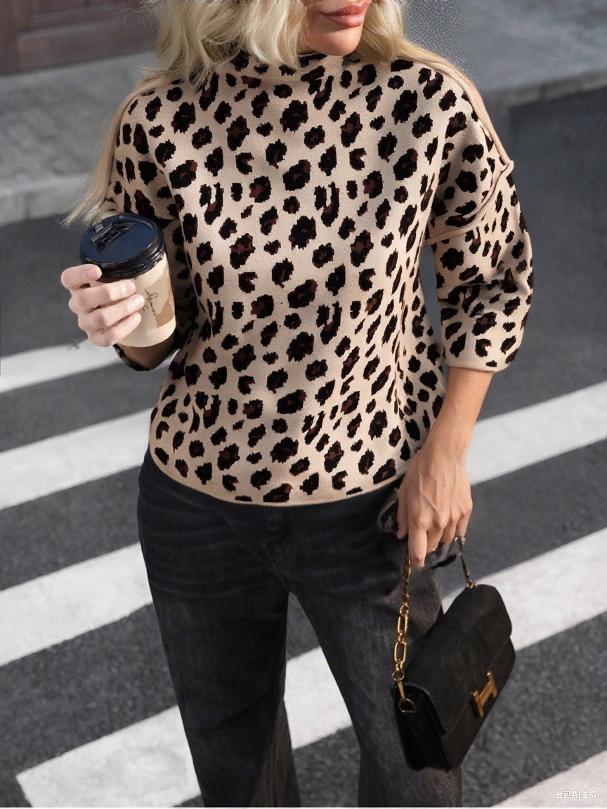 Leopard Print Mock Neck Flare Sleeve Sweater - Khaki - 2
