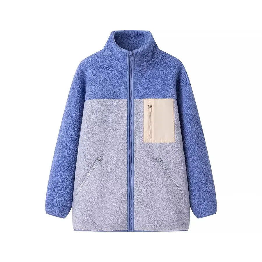Color Block Zip Up Sherpa Fleece Jacket - Blue