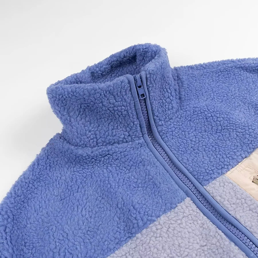 Color Block Zip Up Sherpa Fleece Jacket - Blue - 2