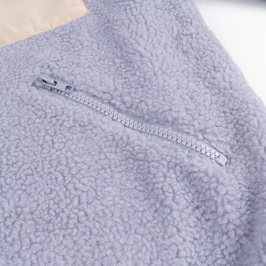 Color Block Zip Up Sherpa Fleece Jacket - Blue - 5