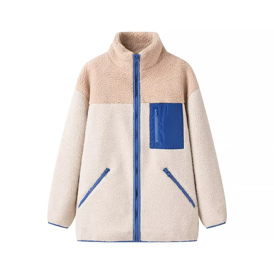 Color Block Zip Up Sherpa Fleece Jacket - white