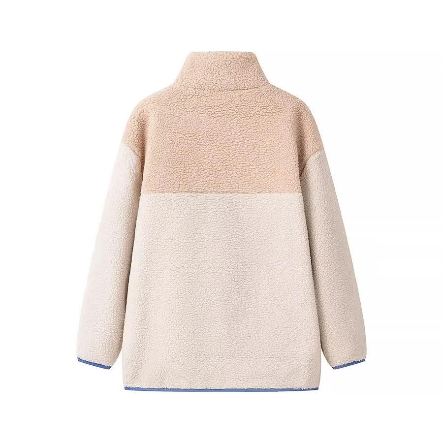 Color Block Zip Up Sherpa Fleece Jacket - white - 1