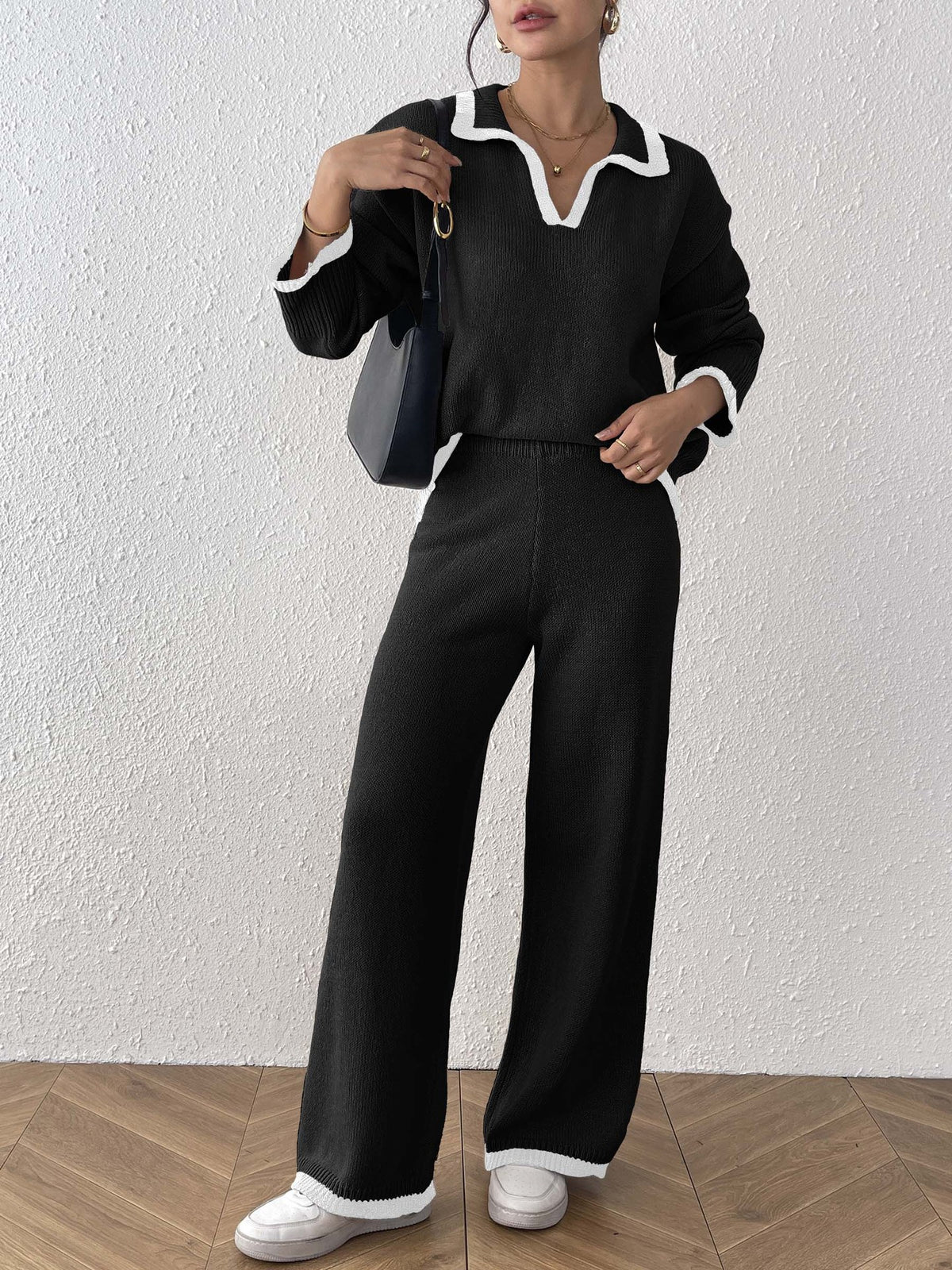 Tipped Polo Collar Sweater and Pants Set - Black