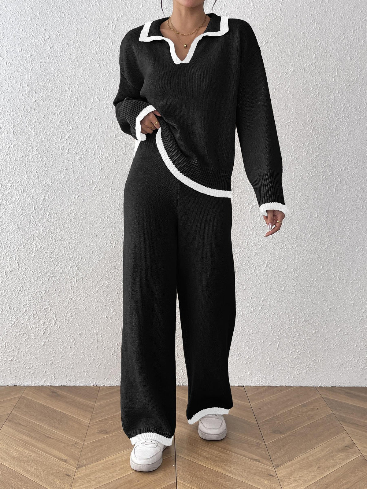 Tipped Polo Collar Sweater and Pants Set - Black - 1
