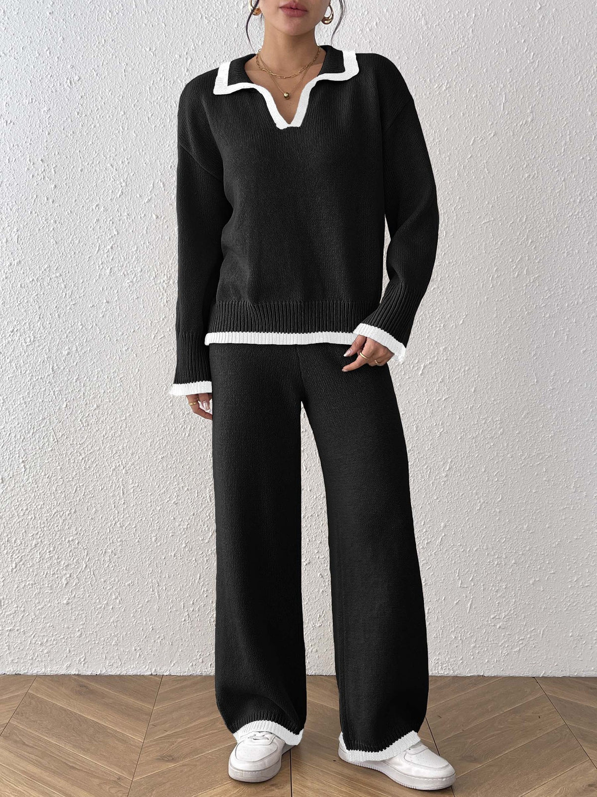 Tipped Polo Collar Sweater and Pants Set - Black - 2