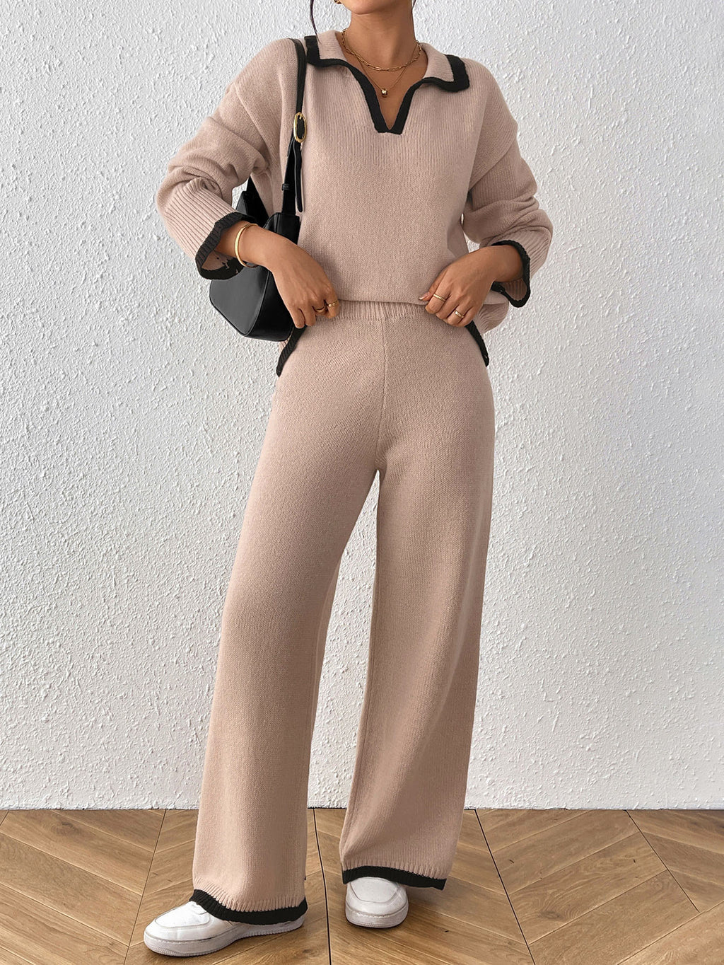 Tipped Polo Collar Sweater and Pants Set - Khaki