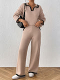 Tipped Polo Collar Sweater and Pants Set - Khaki