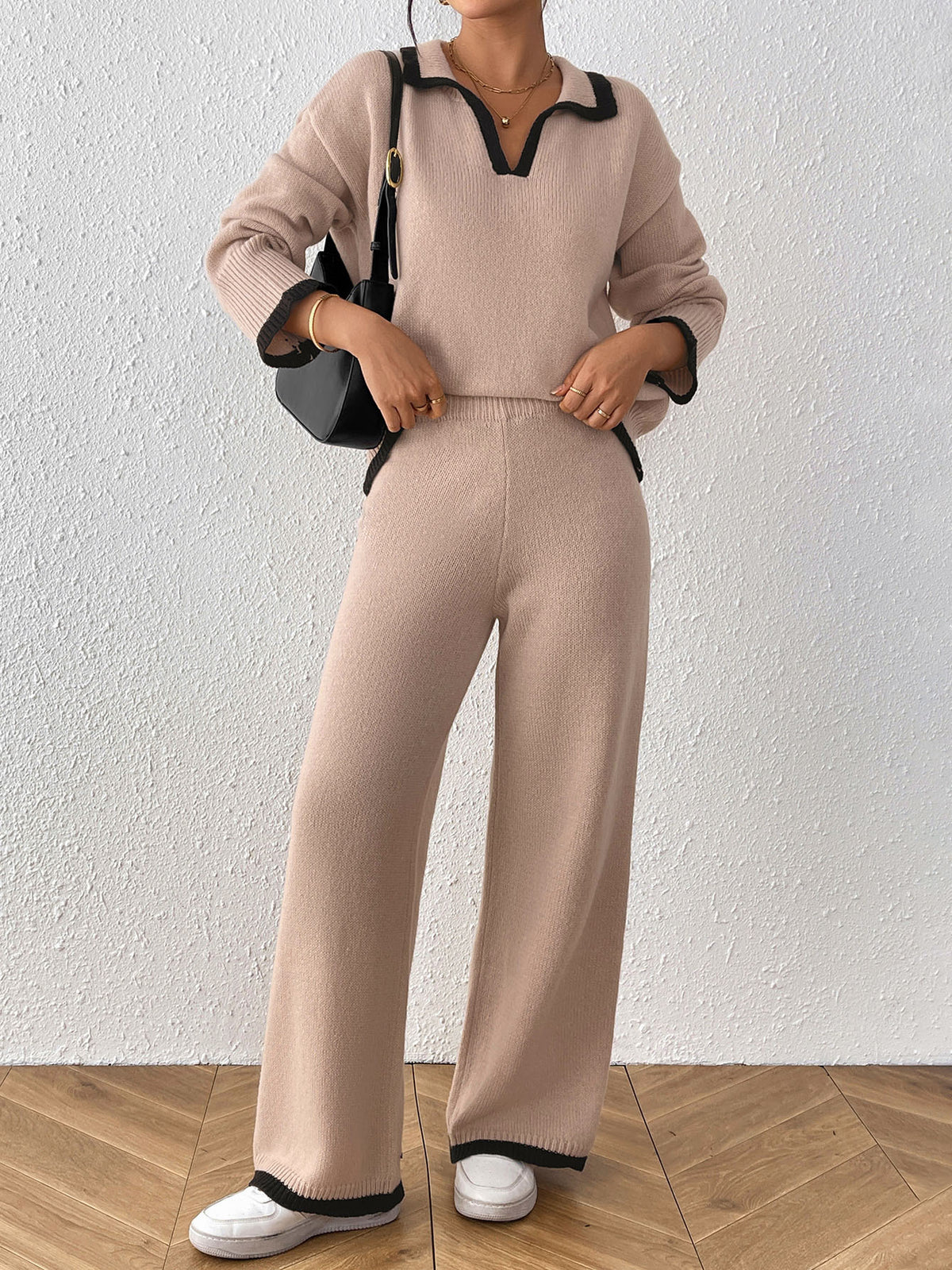 Tipped Polo Collar Sweater and Pants Set - Khaki