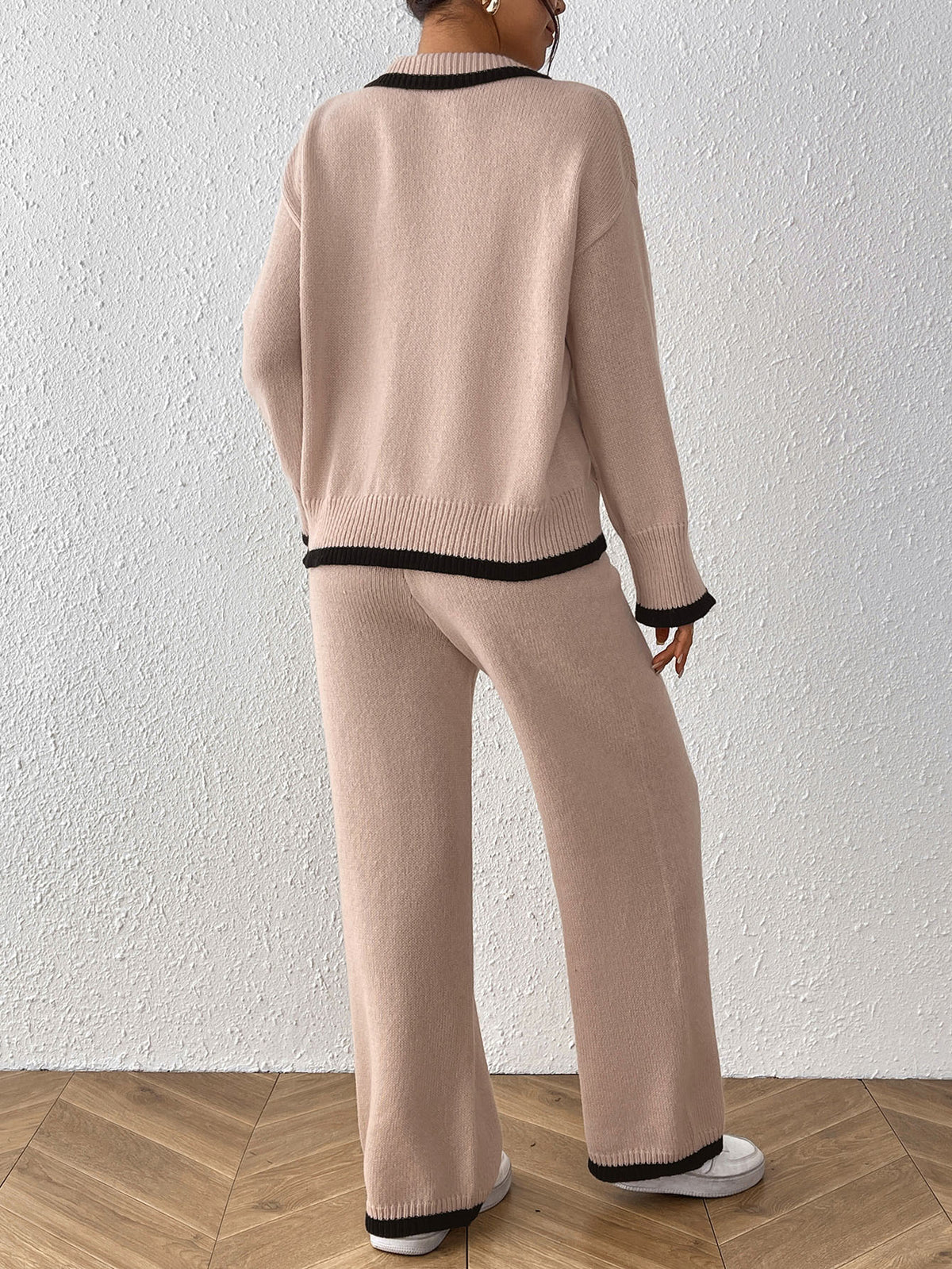 Tipped Polo Collar Sweater and Pants Set - Khaki - 1