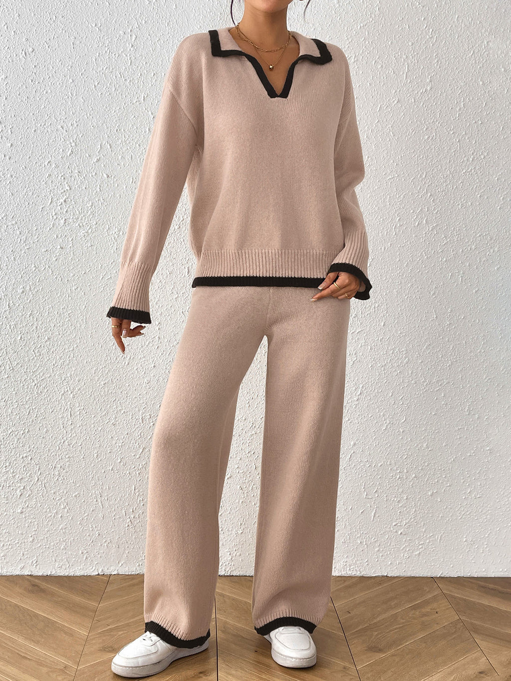 Tipped Polo Collar Sweater and Pants Set - Khaki - 2