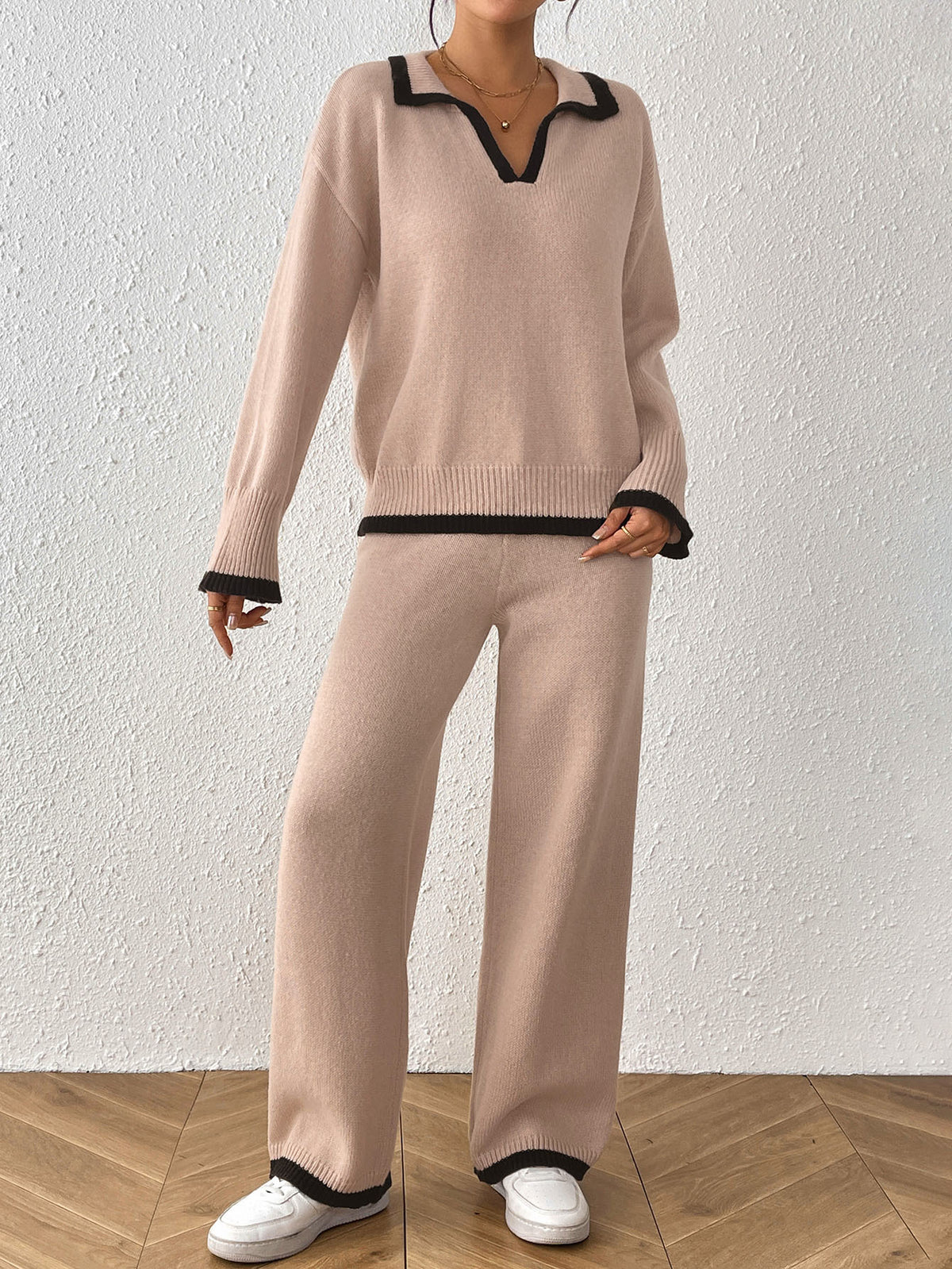 Tipped Polo Collar Sweater and Pants Set - Khaki - 2
