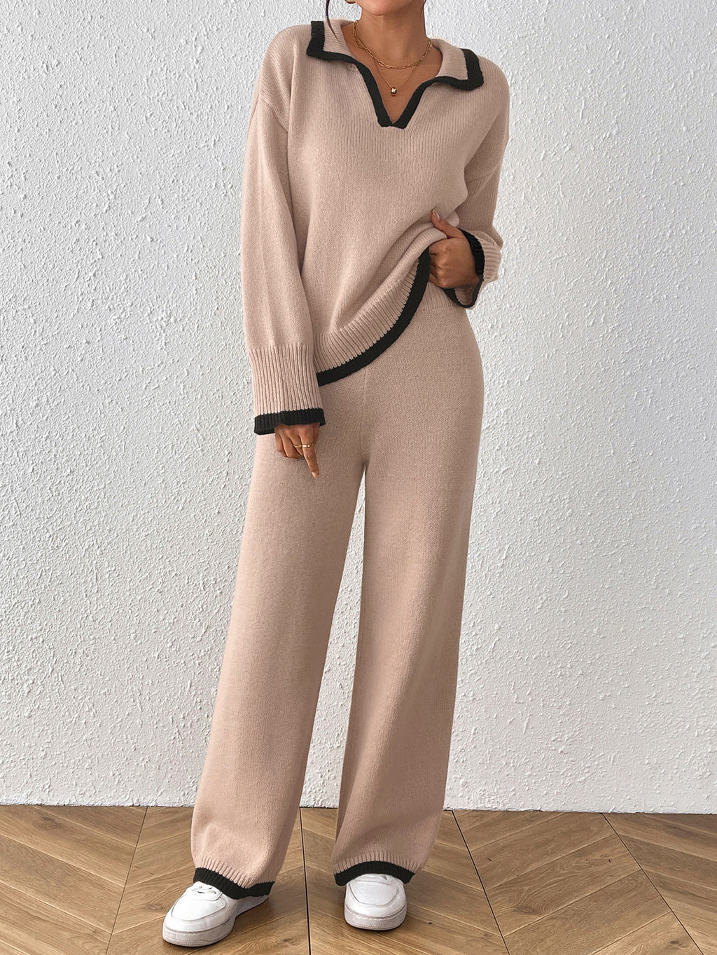 Tipped Polo Collar Sweater and Pants Set - Khaki - 3