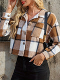 Cropped Brown Plaid Button Front Jacket - Brown