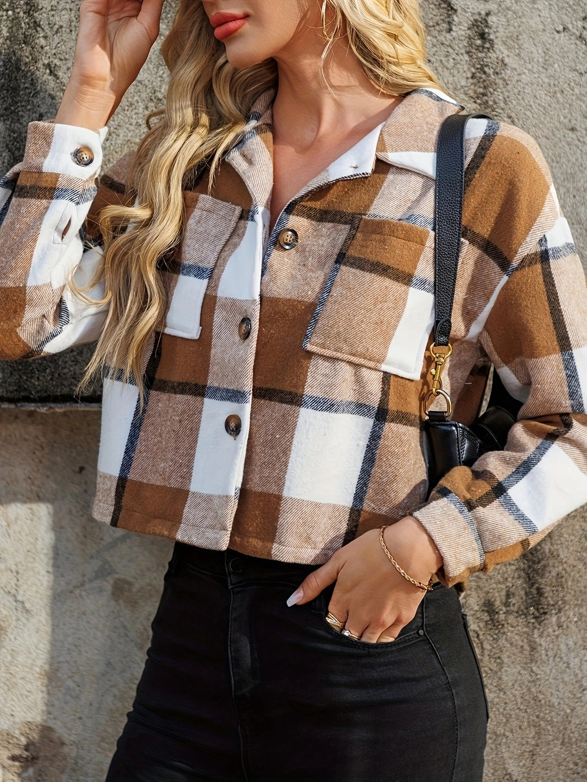 Cropped Brown Plaid Button Front Jacket - Brown