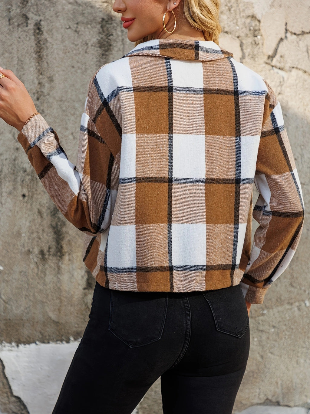 Cropped Brown Plaid Button Front Jacket - Brown - 1