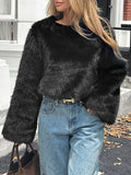 Cropped Faux Fur Crewneck Pullover Coat - Black