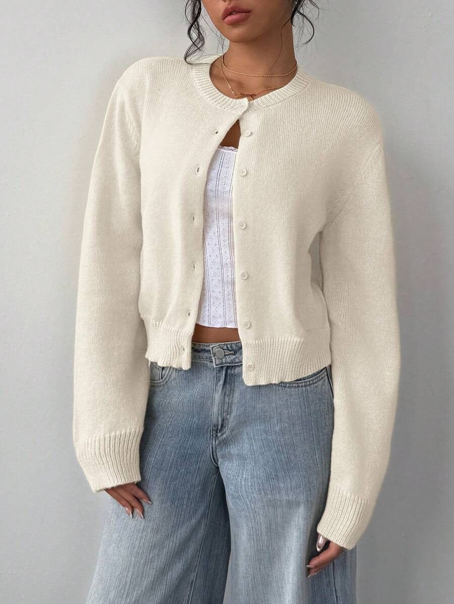 Ribbed Cropped Button Front Cardigan - Beige