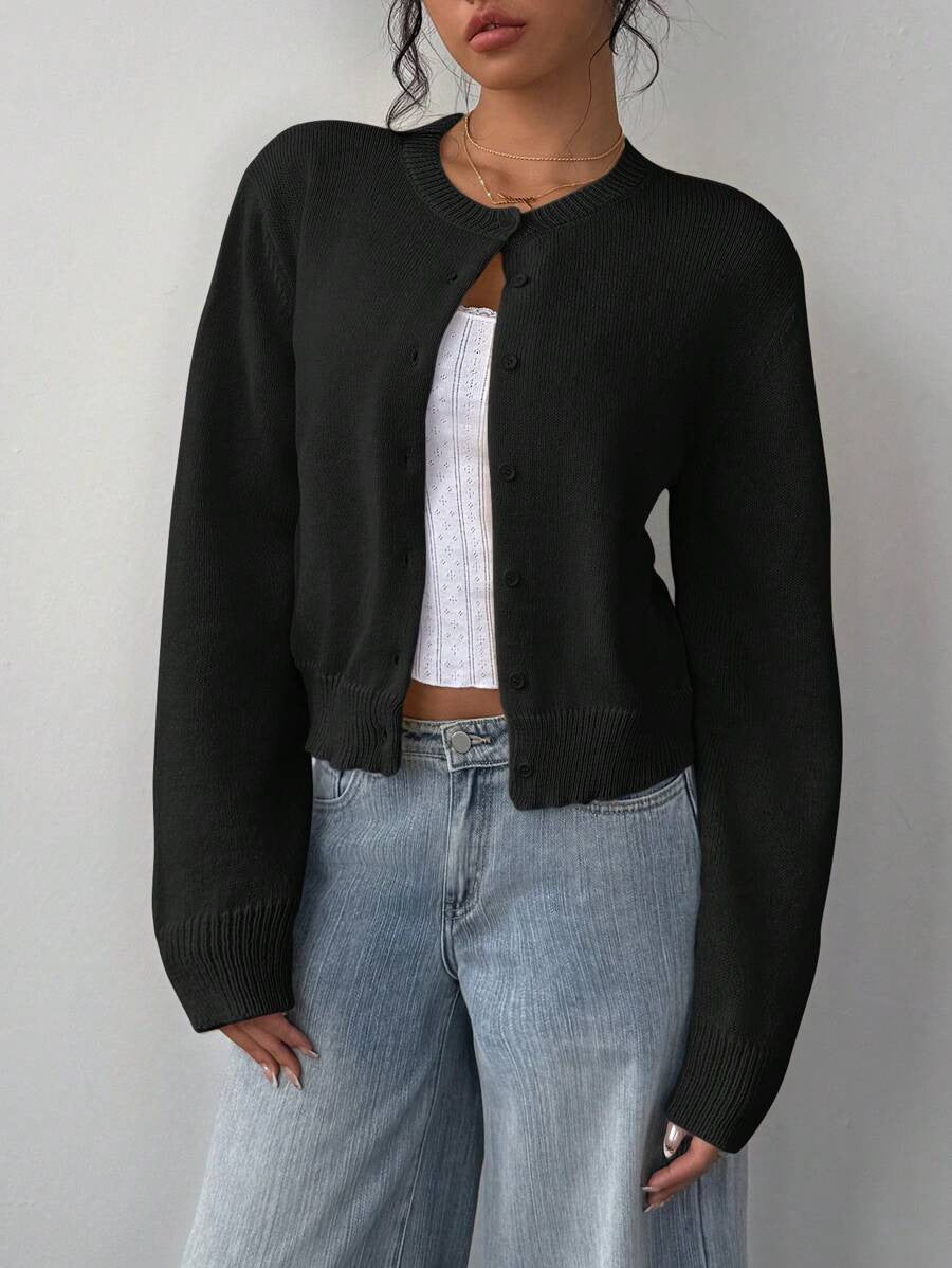 Ribbed Cropped Button Front Cardigan - Black
