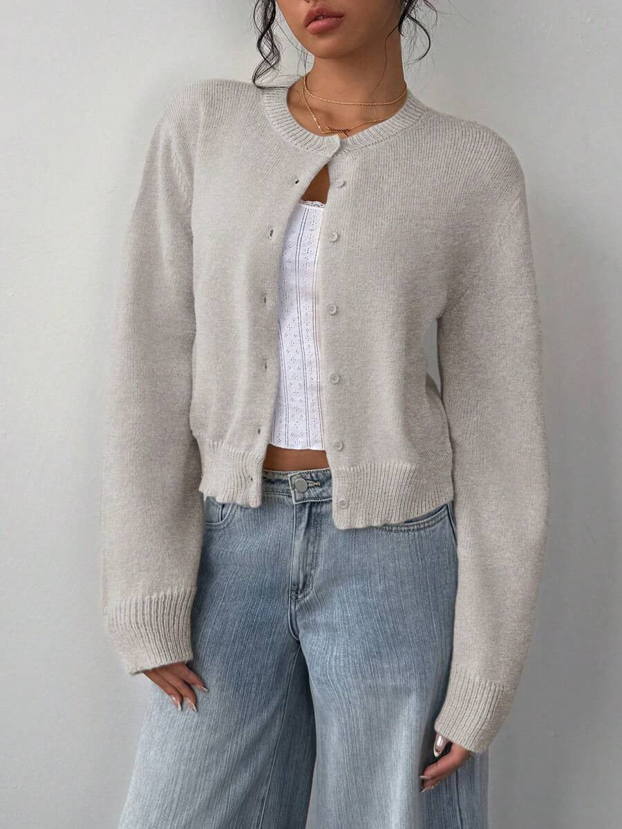 Ribbed Cropped Button Front Cardigan - Gray