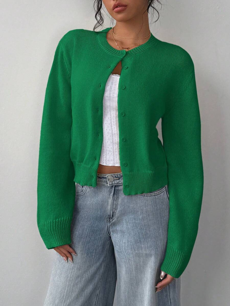 Ribbed Cropped Button Front Cardigan - Green