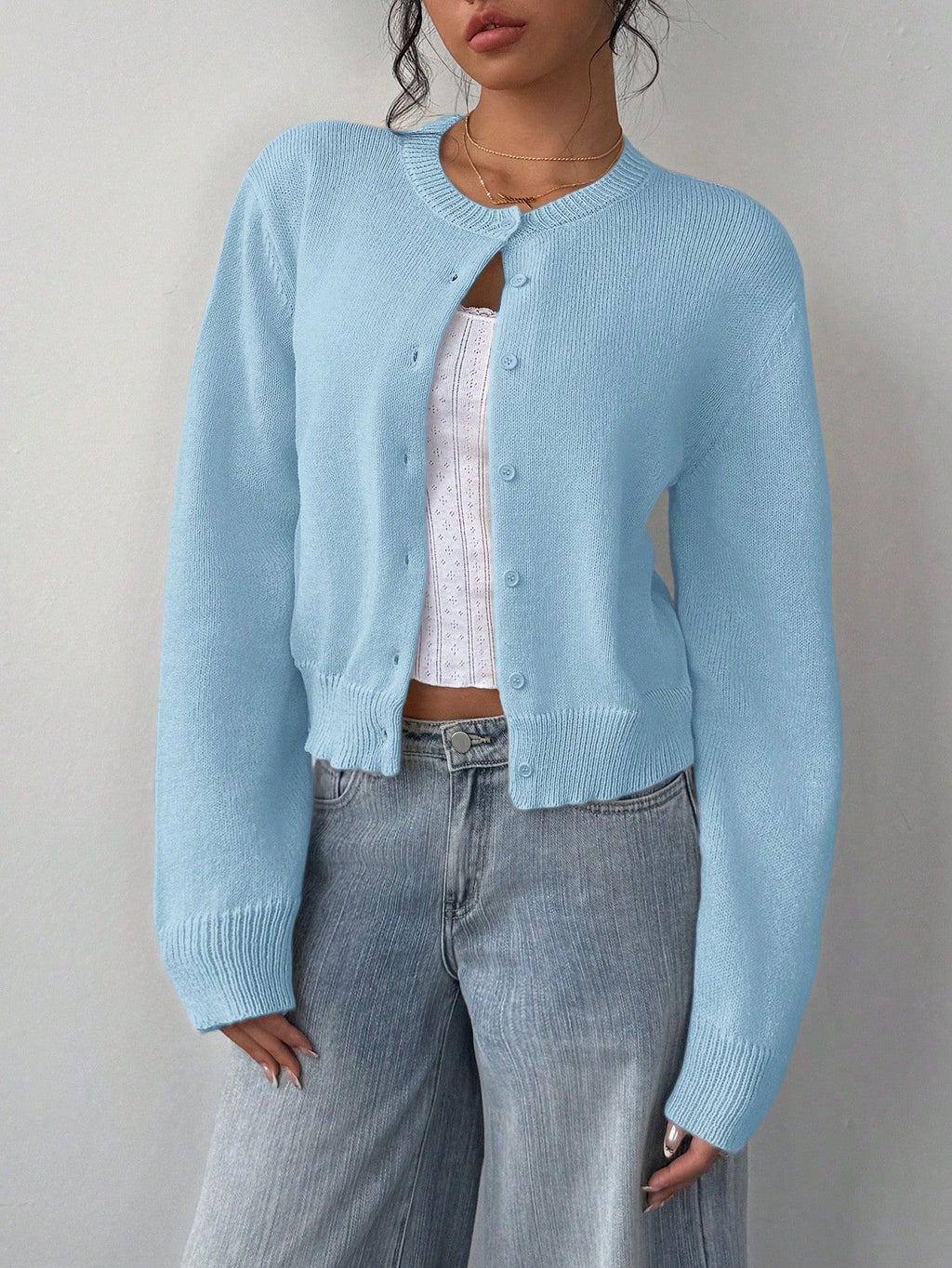 Ribbed Cropped Button Front Cardigan - LtBlue