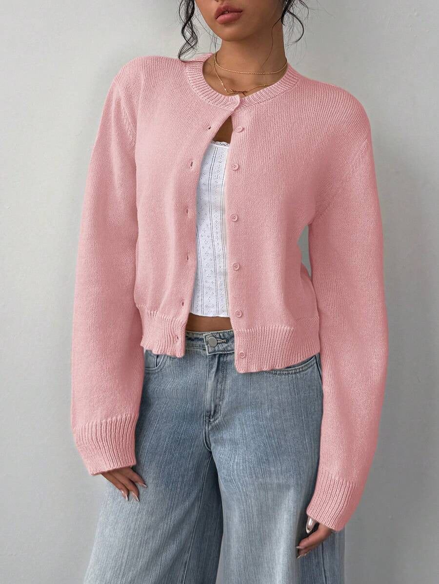 Ribbed Cropped Button Front Cardigan - Pink