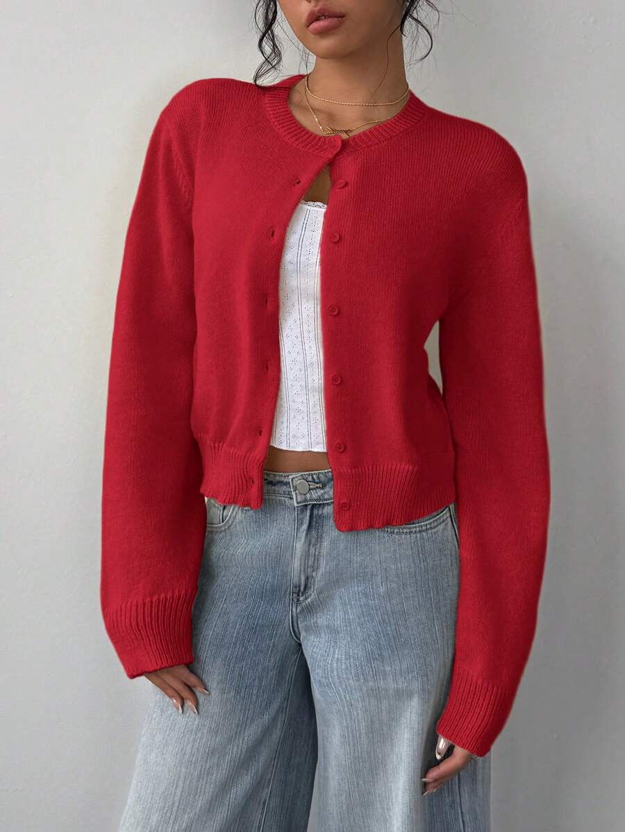 Ribbed Cropped Button Front Cardigan - Red