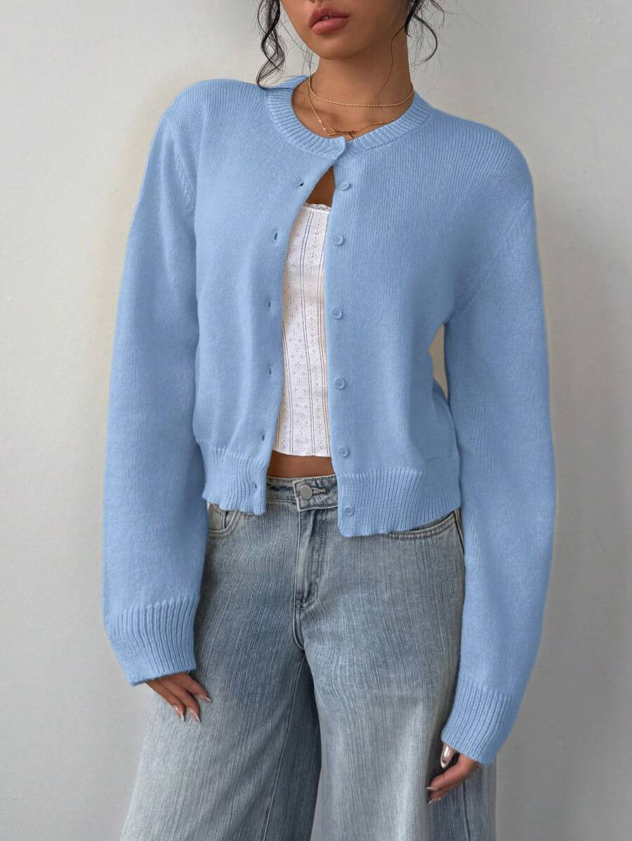 Ribbed Cropped Button Front Cardigan - SkyBlue