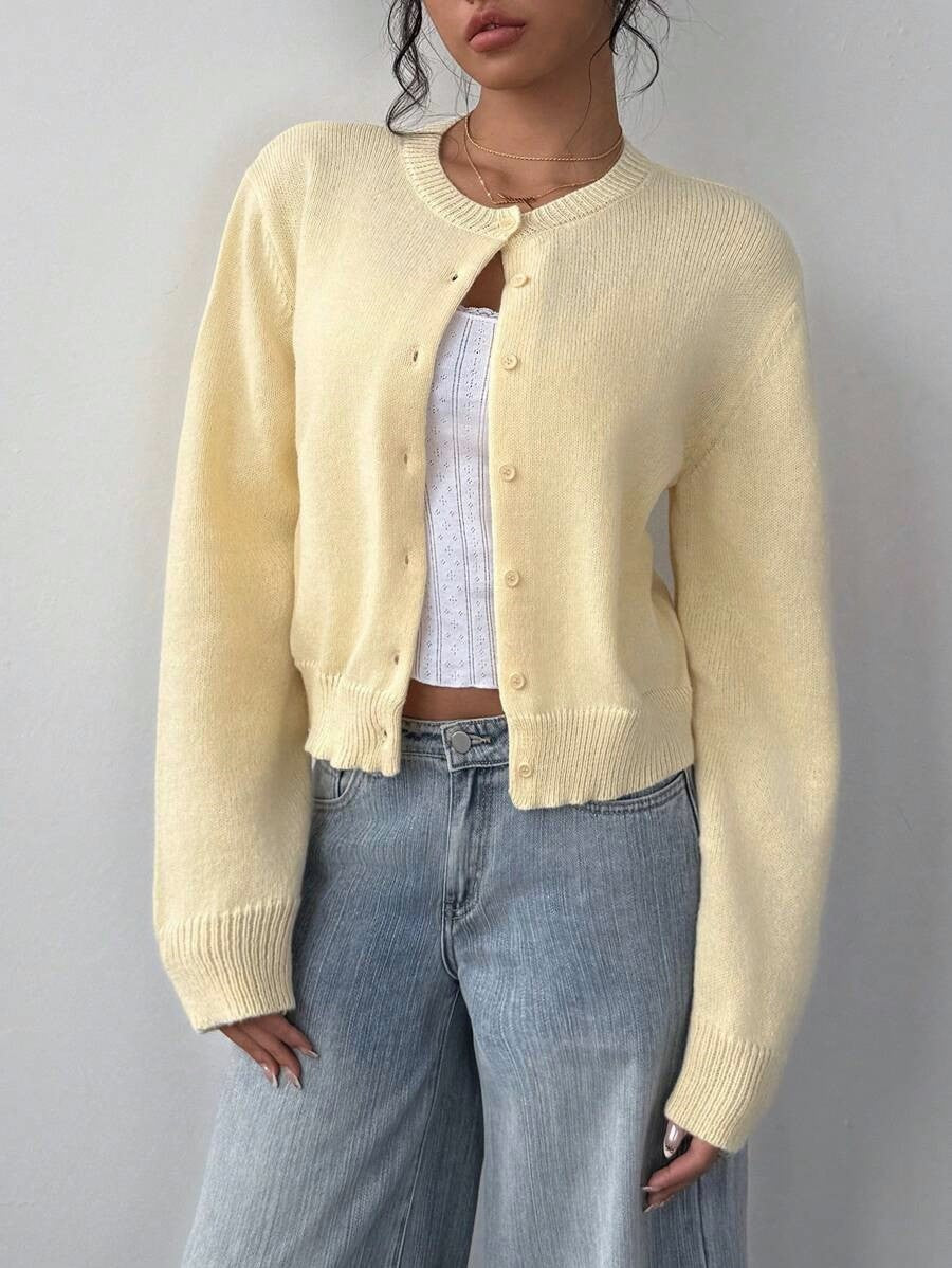 Ribbed Cropped Button Front Cardigan - Yellow