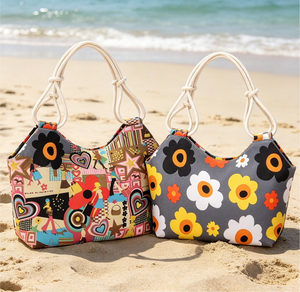 Printed Canvas Beach Tote With Rope Handles - Colorful
