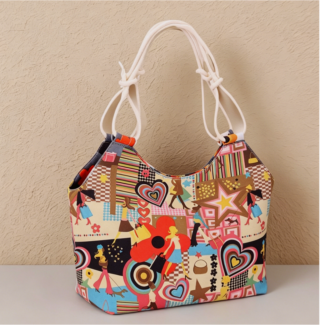 Printed Canvas Beach Tote With Rope Handles - Colorful - 1