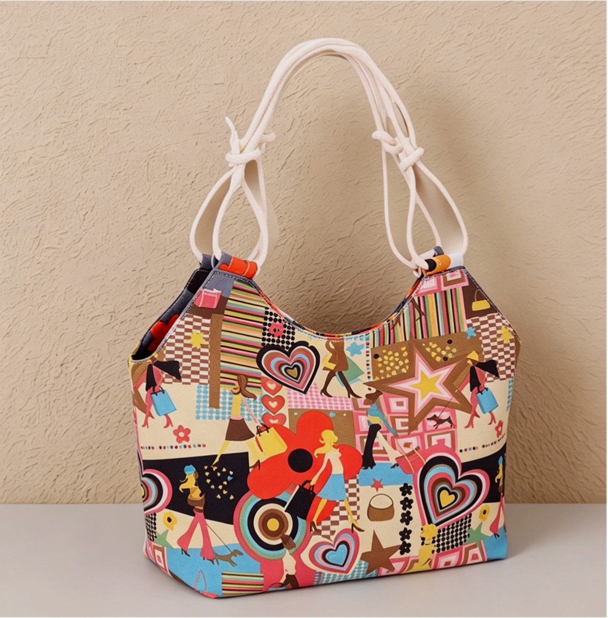 Printed Canvas Beach Tote With Rope Handles - Colorful - 1