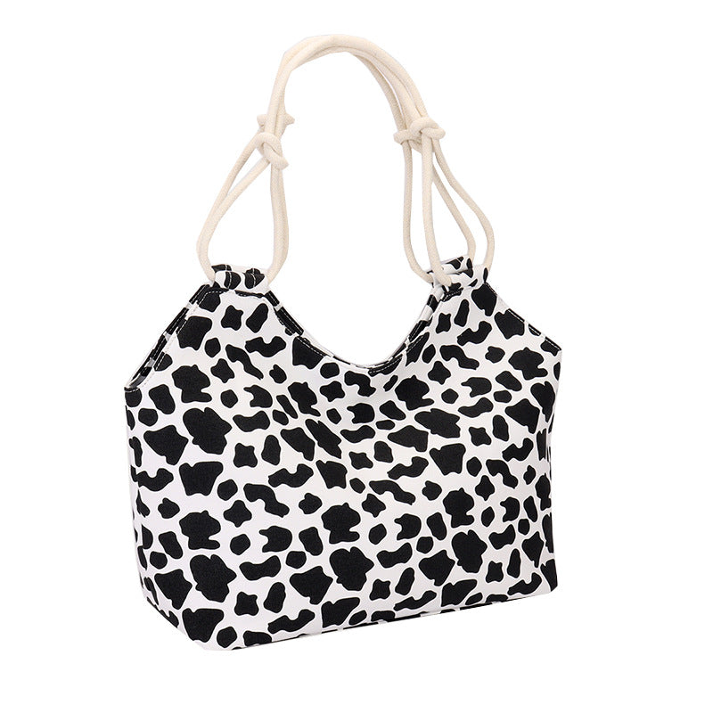 Printed Canvas Beach Tote With Rope Handles - Cow
