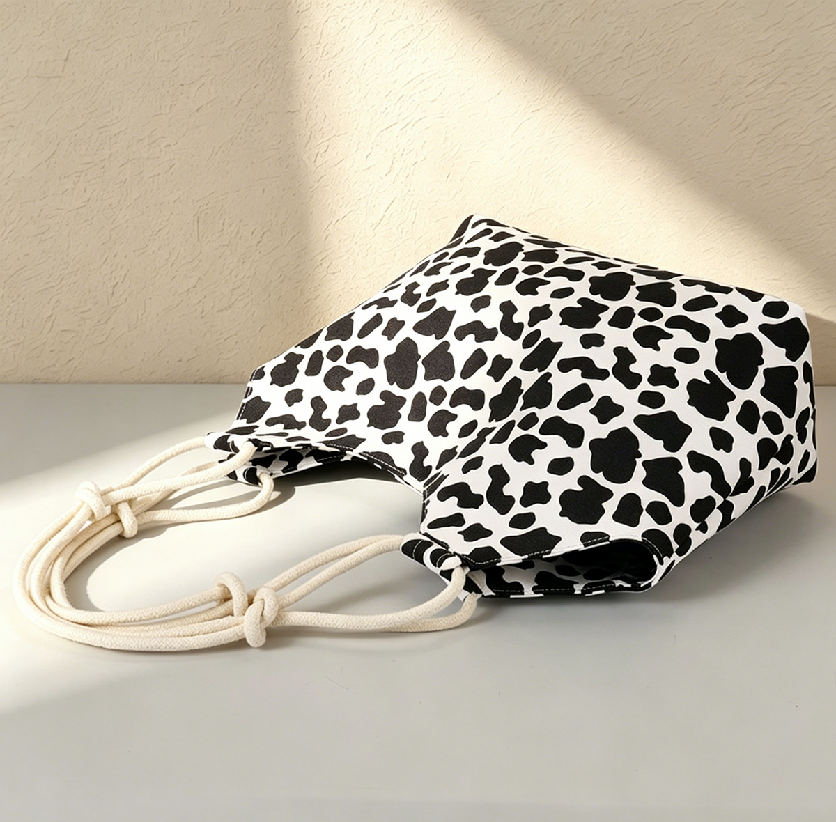 Printed Canvas Beach Tote With Rope Handles - Cow - 1