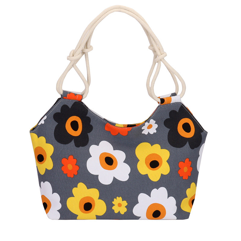 Printed Canvas Beach Tote With Rope Handles - Flower