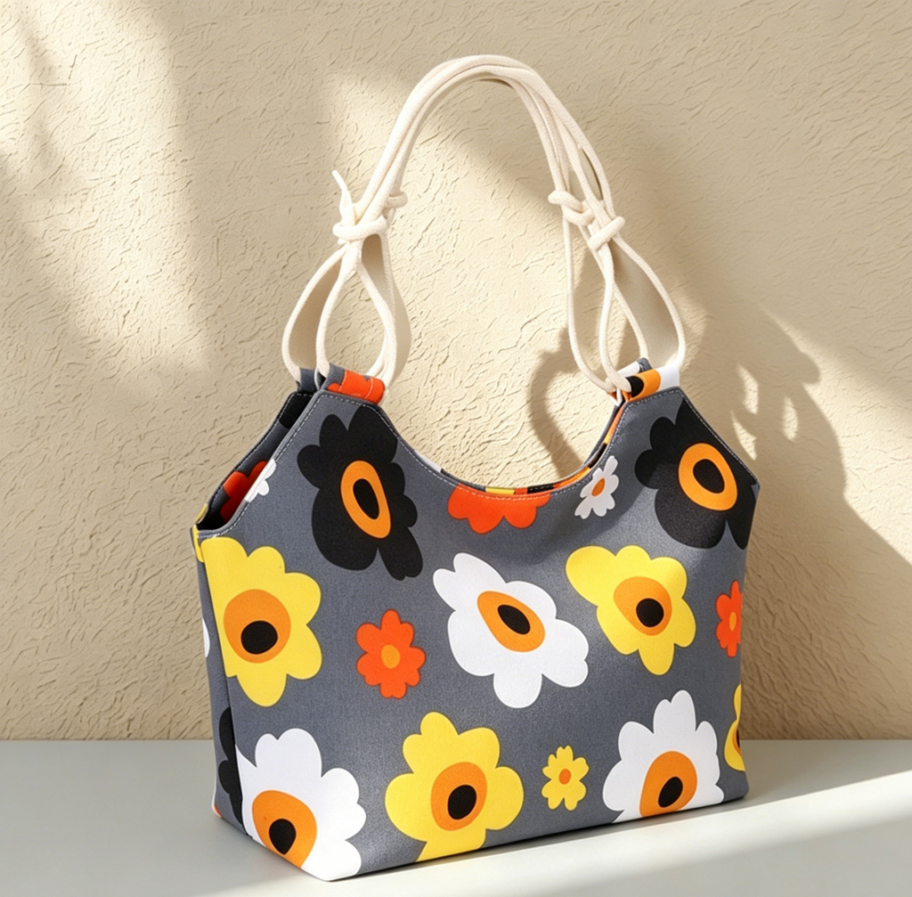Printed Canvas Beach Tote With Rope Handles - Flower - 2